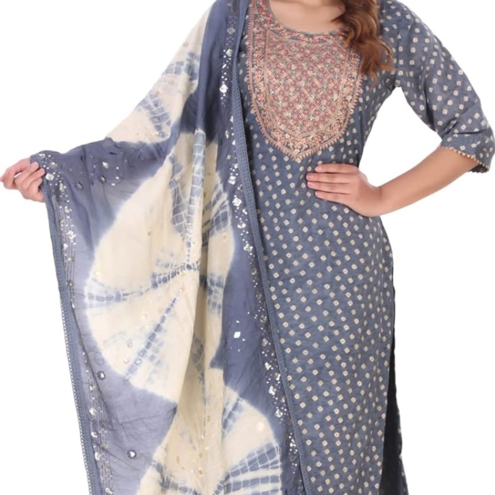 Blue and Cream Patterned Kurta with Dupatta.